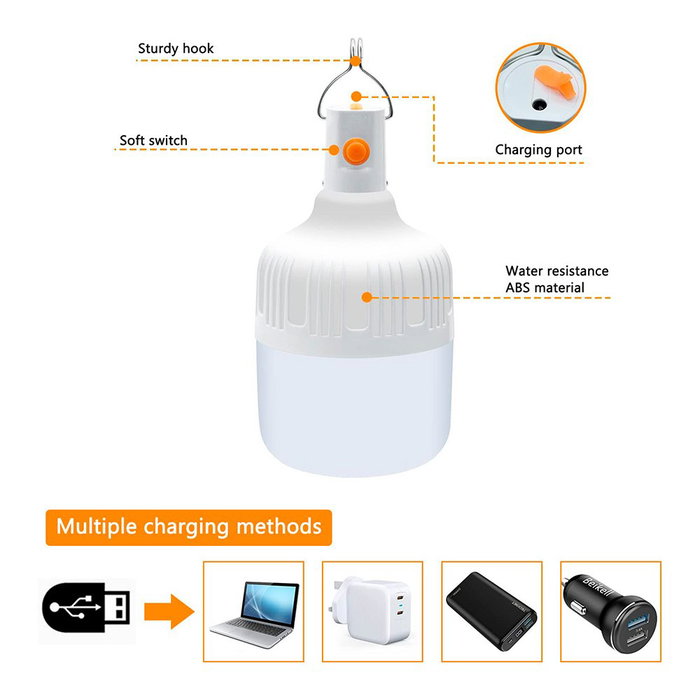 New Garden Bombilla LED Portátil Recargable, 500 lm, IP44, Luz Blanca con 2 Intensidades e Intermitente, Incluye Gancho y Cable USB Tipo C, 8 x 15 cm, Pack de 2 Unidades
