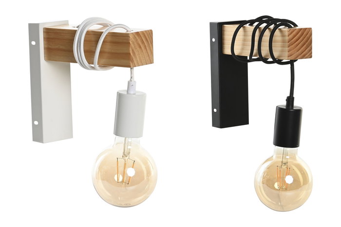 DKD Home Decor Lámpara Aplique Urban Pared E27 50W 220V, Madera y Metal, Bicolor Blanco Negro, 6x18x20 cm (4 Unidades)