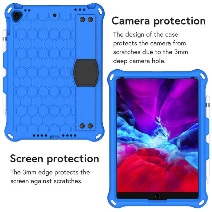 eSTUFF Funda Protectora HONEYCOMB EVA Antigolpes para Apple iPad Air 10.5, iPad Pro 10.5, iPad 10.2 con Asa, Soporte y Correa de Hombro, Azul