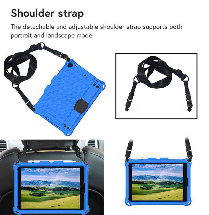 eSTUFF Funda Protectora HONEYCOMB EVA Antigolpes para Apple iPad Air 10.5, iPad Pro 10.5, iPad 10.2 con Asa, Soporte y Correa de Hombro, Azul