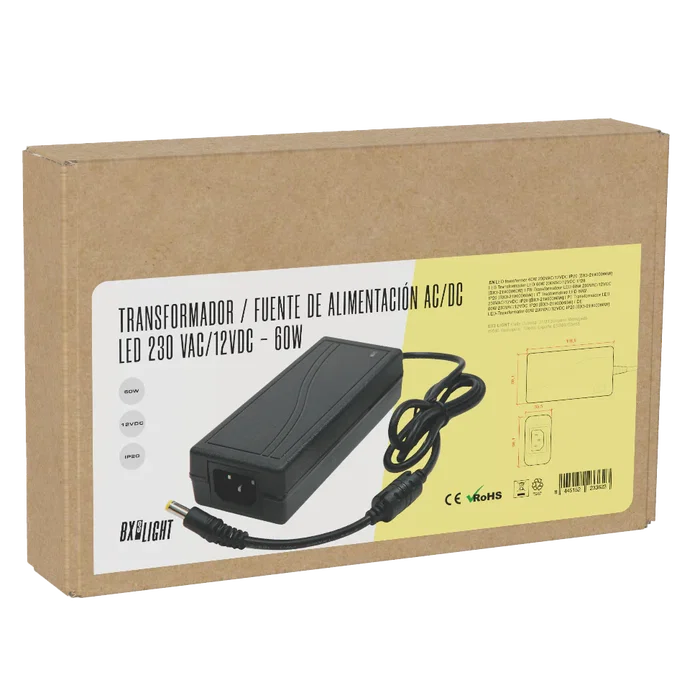 BX3 Light Transformador LED 60W 230VAC/12VDC IP20, Fuente de Alimentación 12V 5A para Tiras LED, Luminarias MR16/G4, Interior