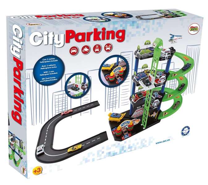 AVC Parking City 3 Plantas con 2 Coches Metal y Helicoptero, 12 Piezas
