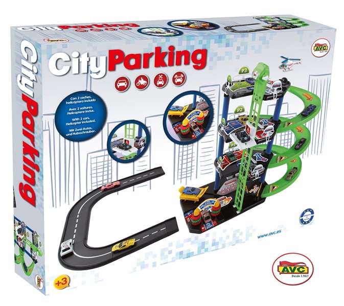 AVC Parking City 3 Plantas con 2 Coches Metal y Helicoptero, 12 Piezas
