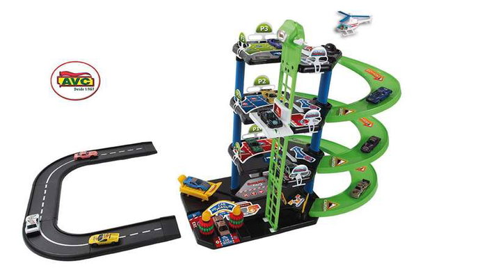 AVC Parking City 3 Plantas con 2 Coches Metal y Helicoptero, 12 Piezas