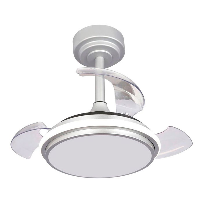 Cristalrecord Antila Mini XS Ventilador de Techo DC con LED 3CCT, Aspas Retráctiles de 55cm, 35W 3000LM, 6 Velocidades, Función Brisa e Inversa, Mando a Distancia, Plata