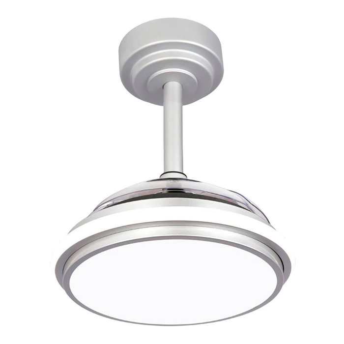 Cristalrecord Antila Mini XS Ventilador de Techo DC con LED 3CCT, Aspas Retráctiles de 55cm, 35W 3000LM, 6 Velocidades, Función Brisa e Inversa, Mando a Distancia, Plata