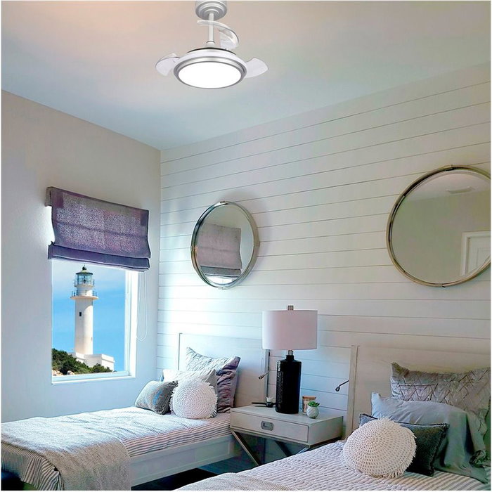 Cristalrecord Antila Mini XS Ventilador de Techo DC con LED 3CCT, Aspas Retráctiles de 55cm, 35W 3000LM, 6 Velocidades, Función Brisa e Inversa, Mando a Distancia, Plata