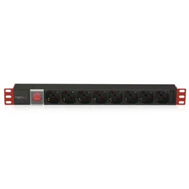 Techly Regleta 19" 8 Tomas Schuko con Interruptor ON/OFF - 2m Cable Negro/Rojo - Conector C14 16A 250V