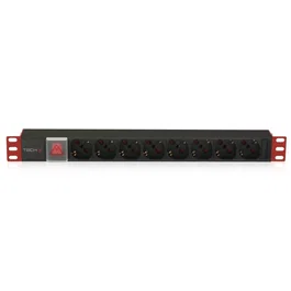 Phasak Regleta 19 pulgadas de 8 tomas Schuko con interruptor y conexión C14, 2 m, Negro/Rojo