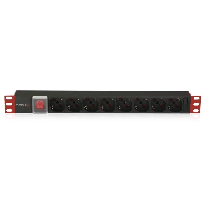 Techly Regleta 19" 8 Tomas Schuko con Interruptor ON/OFF - 2m Cable Negro/Rojo - Conector C14 16A 250V