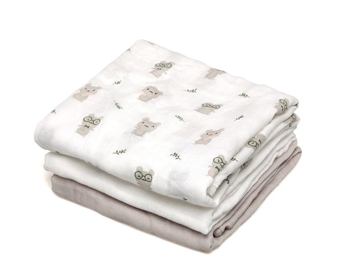 KioKids Set de 3 Muselinas de Bambú 70x70 cm - Gris, Blanco y Ratoncitos
