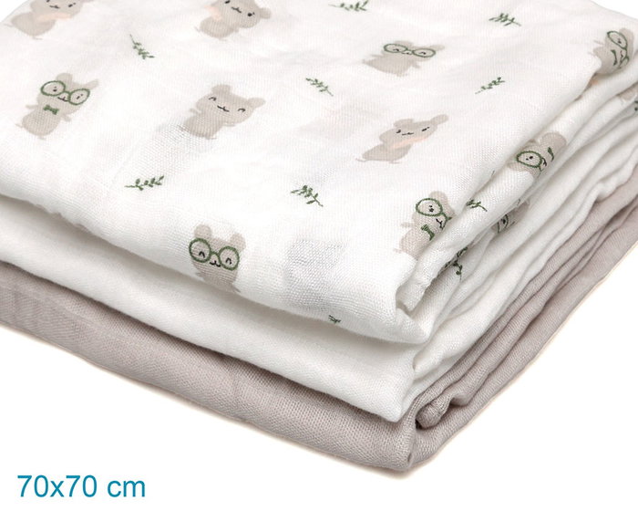 KioKids Set de 3 Muselinas de Bambú 70x70 cm - Gris, Blanco y Ratoncitos