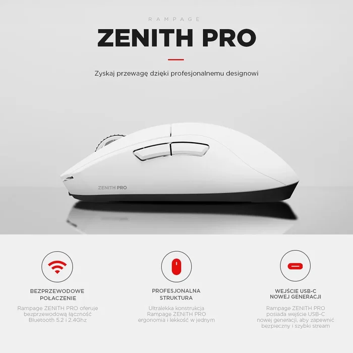 Rampage Zenith Pro Ratón inalámbrico 26000 DPI blanco receptor 4 KHz PAW3395 BT 5.2