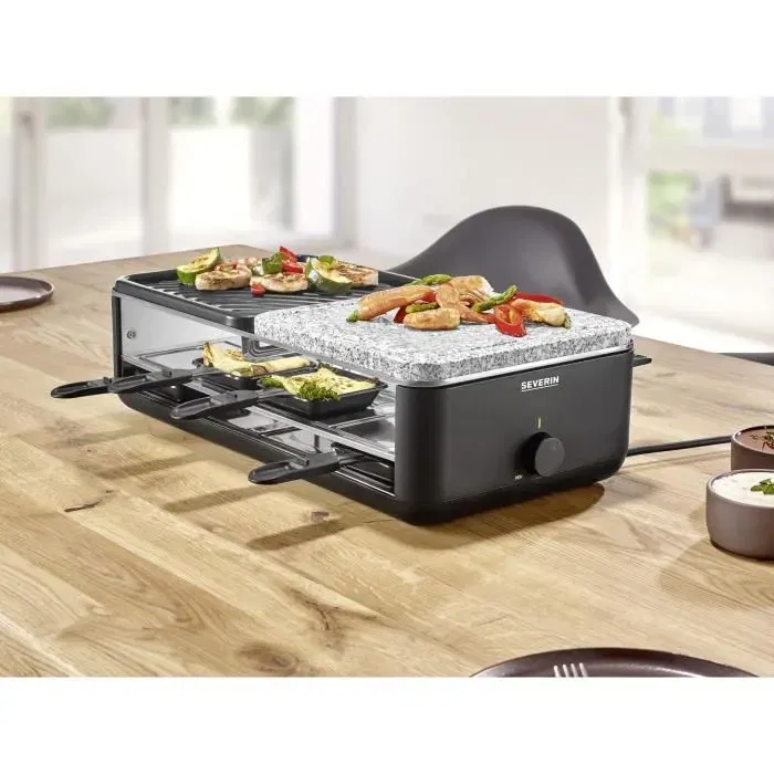 Severin RG2366 Raclette para 8 personas con Placa de Cocción Reversible y Piedra Natural, Negro