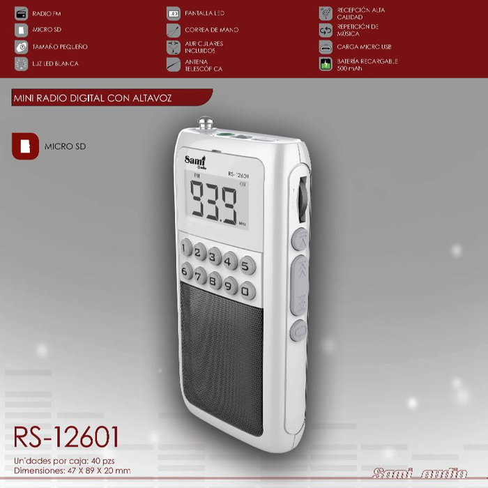 SAMI Radio FM Mini Digital con Altavoz Integrado, Batería Recargable, Soporta Tarjeta Micro SD