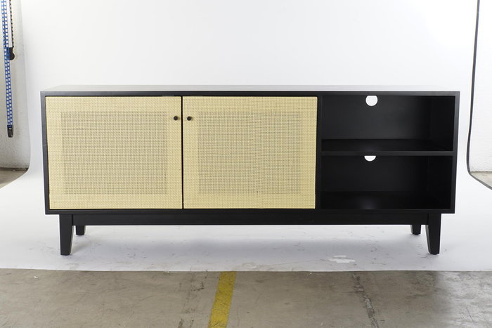 DKD Home Decor Mueble TV Balines Negro Natural 160x65x38 cm Abeto Ratan