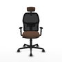 Silla de oficina Alfera con mecanismo Sincro tapizada con Tela color Marrón oscuro y malla color Negro. Equipada con lumbar 1D, Brazos 1D, Cabecero 2D y Ruedas 65mm nailon