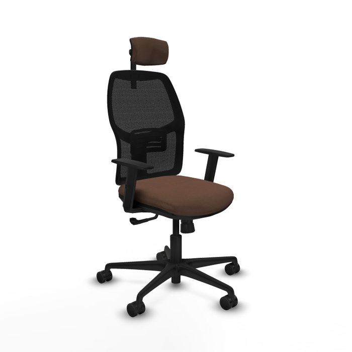 Silla de oficina Alfera con mecanismo Sincro tapizada con Tela color Marrón oscuro y malla color Negro. Equipada con lumbar 1D, Brazos 1D, Cabecero 2D y Ruedas 65mm nailon Silla de oficina Alfera con mecanismo Sincro tapizada con Tela color Marrón oscuro y malla color Negro. Equipada con lumbar 1D, Brazos 1D, Cabecero 2D y Ruedas 65mm nailon
