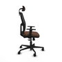 Silla de oficina Alfera con mecanismo Sincro tapizada con Tela color Marrón oscuro y malla color Negro. Equipada con lumbar 1D, Brazos 1D, Cabecero 2D y Ruedas 65mm nailon