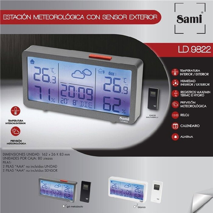 SAMI Estación Meteorológica con Sensor Exterior, Reloj Digital, Calendario, Color Blanco
