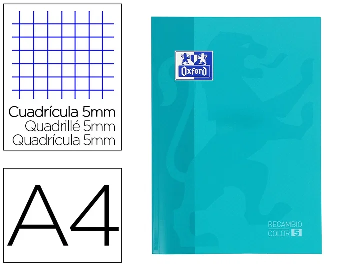 Oxford Recambio Color Oxford DIN A4 80 Hojas 90 gr Optik Paper Cuadros 5mm 4 Taladros