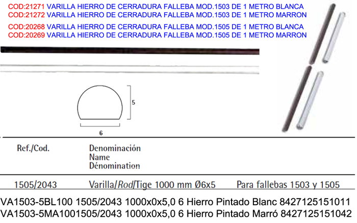 Varilla de hierro de cerradura falleba Mod.1505 de 1 metro blanca Varilla de hierro de cerradura falleba Mod.1505 de 1 metro blanca