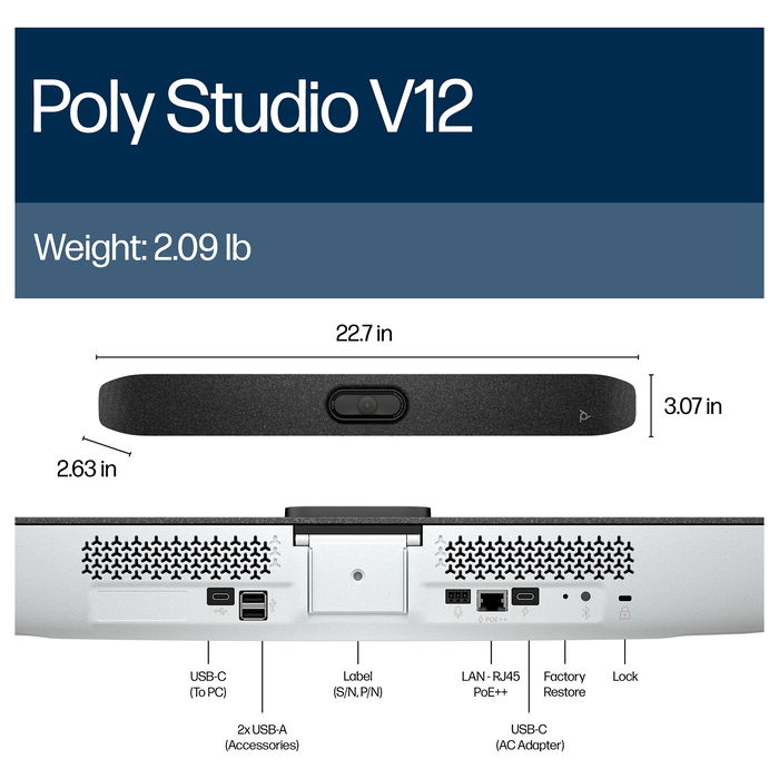 HP Poly Studio V12 Video Bar USB, Sin Fuente de Alimentación, EMEA INTL Inglés, Enchufe Euro