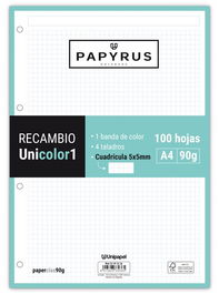 Recambio Papyrus Unicolor1 A4 100H 90G 4 Taladros Cuad.5X5 Mint (Set de 24)