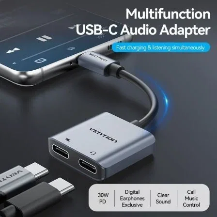 Vention Conversor USB Tipo-C Macho a 2 Hembras (Audio y Carga) - BGZHA