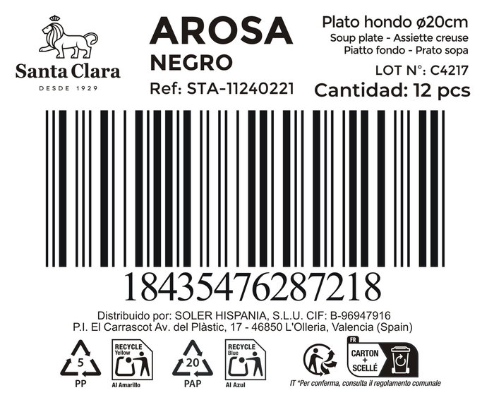 Inde Plato Hondo Negro Ø20 cm "Arosa" S. Clara, Diámetro 20 cm (12 Unidades)