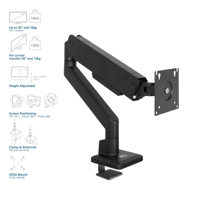 Act AC8311 Soporte de Escritorio para Monitor con Resorte de Gas, Negro