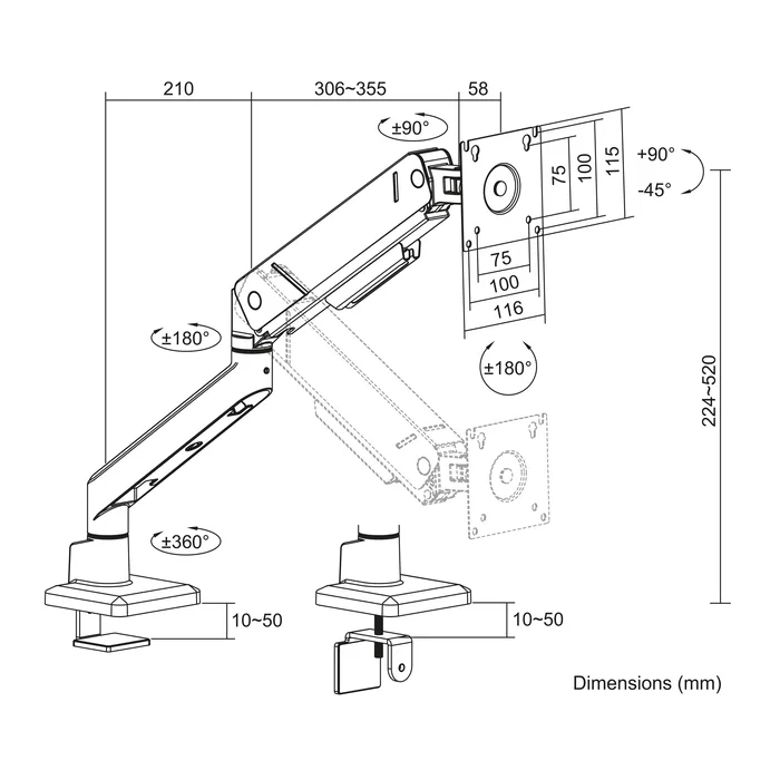 Act AC8311 Soporte de Escritorio para Monitor con Resorte de Gas, Negro