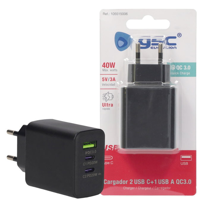 GSC Evolution Cargador 230V con 1xQC3.0 y 2xTipo C GSC Evolution Cargador 230V con 1xQC3.0 y 2xTipo C