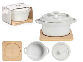Vessia Cazuela Redonda de Cerámica con Base de Bambú Blanca y Natural 13.5x10.5x8.5 cm (Set de 24)