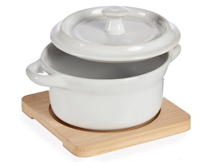 Vessia Cazuela Redonda de Cerámica con Base de Bambú Blanca y Natural 13.5x10.5x8.5 cm (Set de 24) Vessia Cazuela Redonda de Cerámica con Base de Bambú Blanca y Natural 13.5x10.5x8.5 cm (Set de 24)