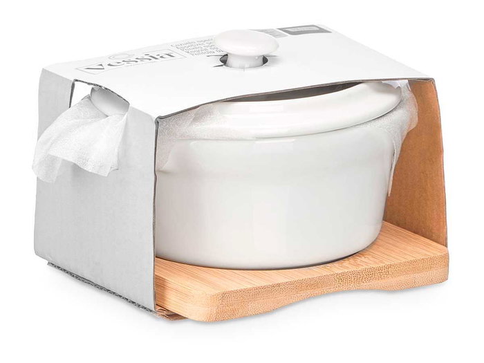 Vessia Cazuela Redonda de Cerámica con Base de Bambú Blanca y Natural 13.5x10.5x8.5 cm (Set de 24) Vessia Cazuela Redonda de Cerámica con Base de Bambú Blanca y Natural 13.5x10.5x8.5 cm (Set de 24)