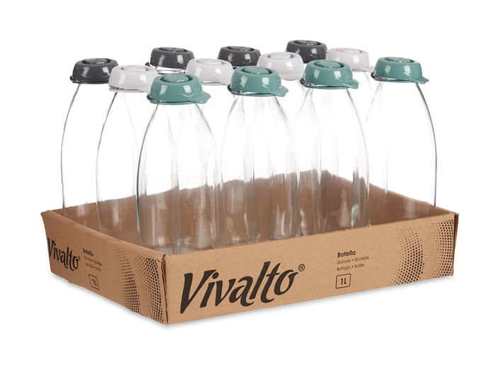 Vivalto Botella de Cristal 1L Vidrio y Plástico Surtido Colores Antracita Gris Verde 7.5x7.5x23.7 cm (Set de 12)