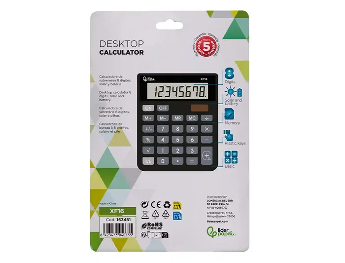 Liderpapel xf16 Calculadora Sobremesa 8 Dígitos Solar y Pilas Negro 127x105x24 mm