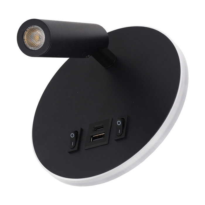Aplique LED Spot Round 9W con USB-C 630Lm 3000K Negro Aplique LED Spot Round 9W con USB-C 630Lm 3000K Negro