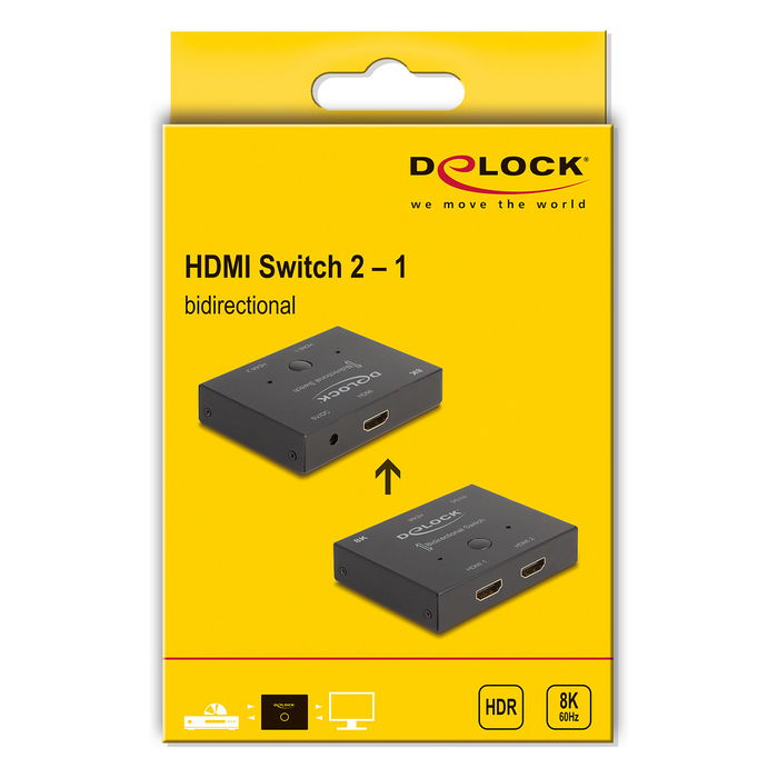 DeLOCK Conmutador HDMI Bidireccional 2 en 1, 8K 60Hz, 144Hz, 4K, HDR, Metal Negro, Incluye Cable HDMI de 1 m