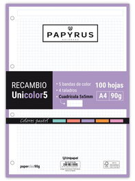 Recambio Papyrus Unicolor5 A4 100H 90G 4 Taladros Cuad.5X5 Colores Pastel (Set de 24)