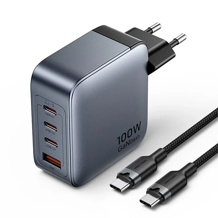 Vention Cargador de Pared GaN 100W TZ-FETH0-EU con 3x USB-C y 1x USB-A, Gris Vention Cargador de Pared GaN 100W TZ-FETH0-EU con 3x USB-C y 1x USB-A, Gris