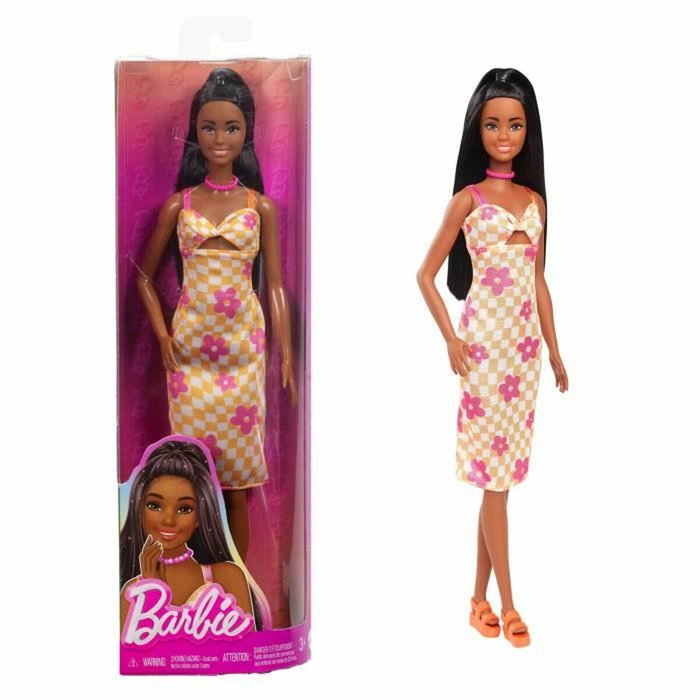 Barbie Fashionista con vestido de flores y cuadros naranja y blanco Barbie Fashionista con vestido de flores y cuadros naranja y blanco