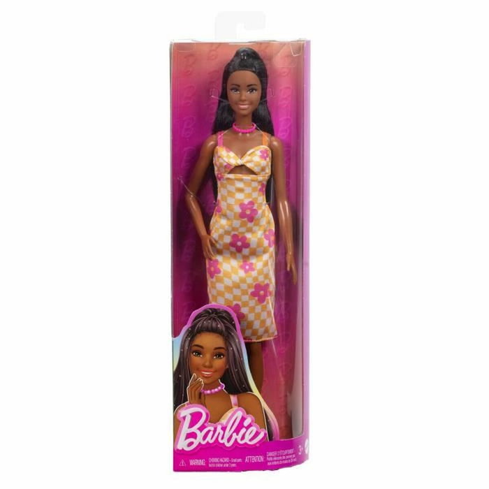 Barbie Fashionista con vestido de flores y cuadros naranja y blanco Barbie Fashionista con vestido de flores y cuadros naranja y blanco