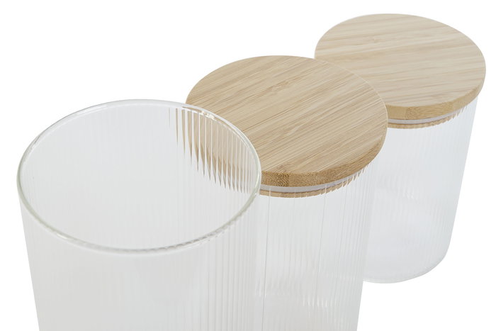 DKD Home Decor Bote Transparente Natural Set de 3 Piezas Borosilicato Bambú Vidrio 10 x 22.3 x 10 cm