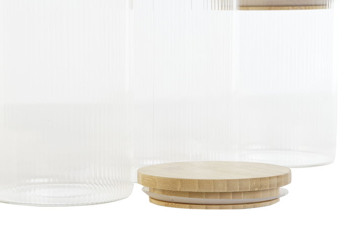 DKD Home Decor Bote Transparente Natural Set de 3 Piezas Borosilicato Bambú Vidrio 10 x 22.3 x 10 cm