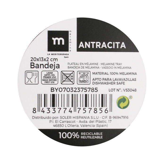 La Mediterranea Bandeja Melamina Antracita 20 cm x 13 cm x 2 cm (24 Unidades)