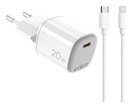 Celly UPTC1USBC20WCTL - Cargador de Pared GaN 20W, 1 Puerto USB-C, con Cable Lightning 1m, Blanco - Compatible con iPhone, Smartphone, Tablet