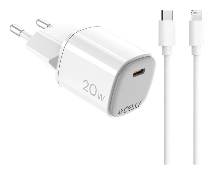 Celly UPTC1USBC20WCTL - Cargador de Pared GaN 20W, 1 Puerto USB-C, con Cable Lightning 1m, Blanco - Compatible con iPhone, Smartphone, Tablet