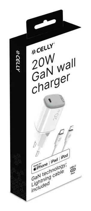 Celly UPTC1USBC20WCTL - Cargador de Pared GaN 20W, 1 Puerto USB-C, con Cable Lightning 1m, Blanco - Compatible con iPhone, Smartphone, Tablet